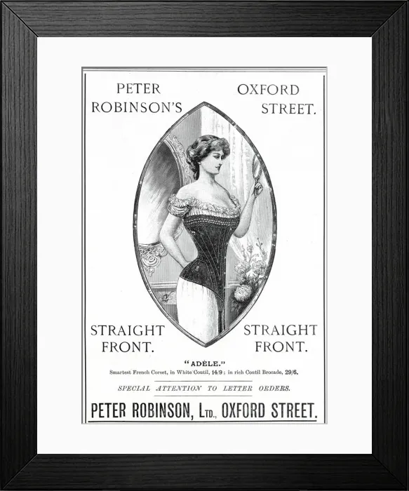 Framed Print : Straight front corset in smart French white coutil or rich countil brocade Framed Print : Straight front corset in smart French white coutil or rich countil brocade