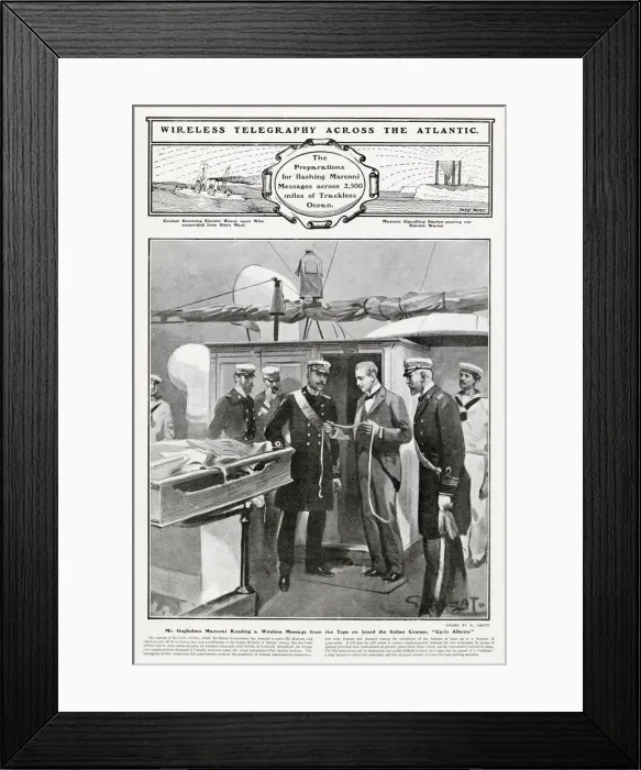 Framed Print : Guglielmo Marconi reading a wireless telegraph message on tape from a across the Atlantic