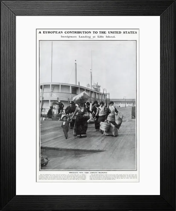 Framed Print : Immigrants with their belongings from Euro leaving the ship in Ellis Island
