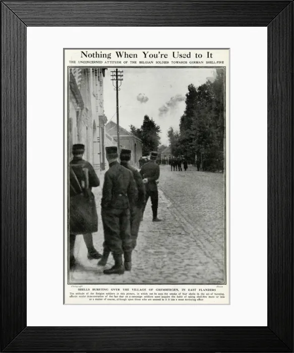 Framed Print : Belgian soldiers watching German shell fire, WW1