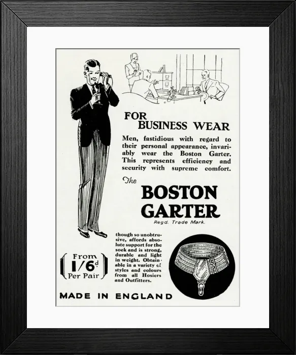 Framed Print : Advert for The Boston mens sock garter 1930 Framed Print : Advert for The Boston mens sock garter 1930