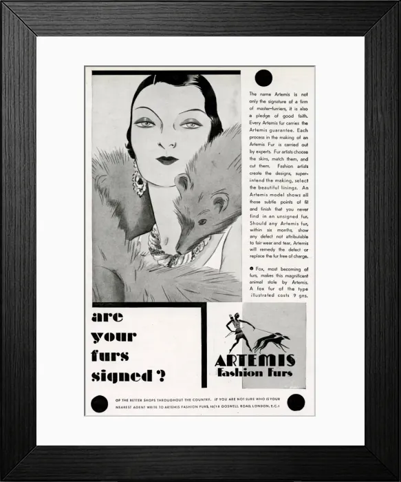 Framed Print : Advert for Artemis fashion furs 1930 Framed Print : Advert for Artemis fashion furs 1930