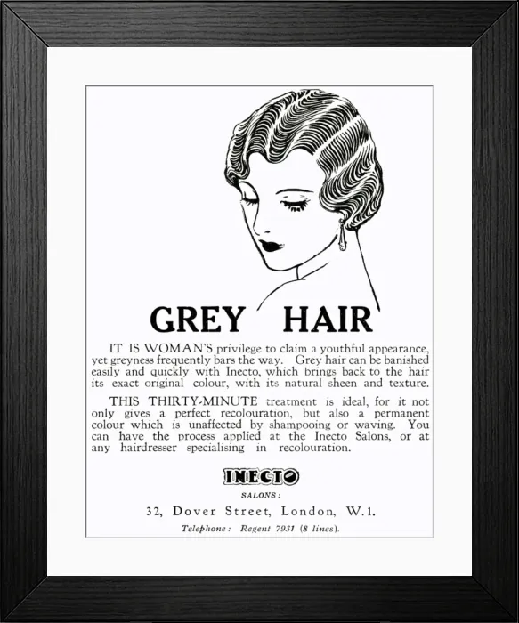 Framed Print : Advert for Inecto Salons: unwanted grey hair 1930 Framed Print : Advert for Inecto Salons: unwanted grey hair 1930