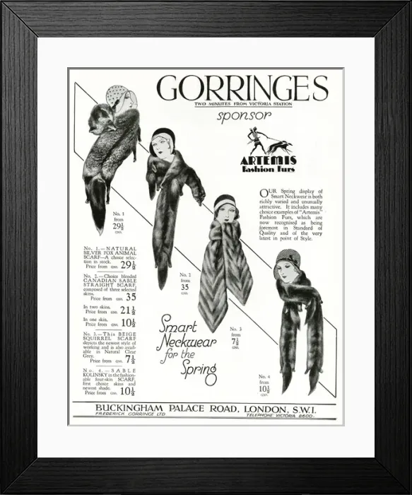 Framed Print : Advert for Gorringes: womens animal scarves 1930