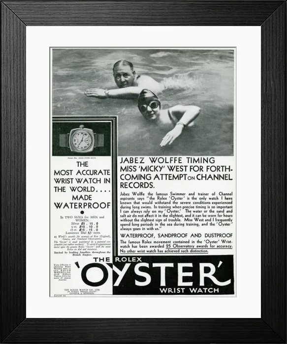 Framed Print : Advert for The Rolex Oyster waterproof wrist watch 1930 Framed Print : Advert for The Rolex Oyster waterproof wrist watch 1930