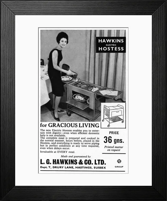 Framed Print : Hawkins electric hostess trolley advertisement Framed Print : Hawkins electric hostess trolley advertisement