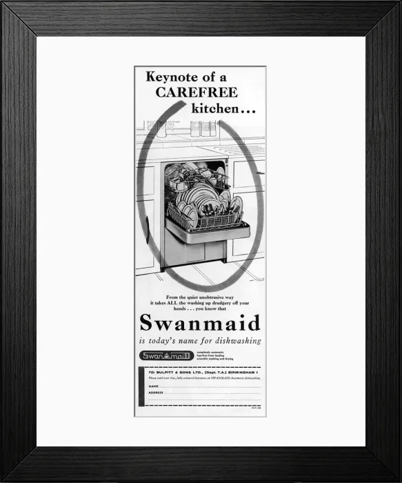 Framed Print : Swanmaid dishwasher advertisement, 1964 Framed Print : Swanmaid dishwasher advertisement, 1964