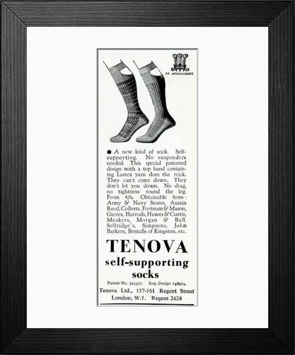Framed Print : Advert for Tenova mens self-supporting socks 1937 Framed Print : Advert for Tenova mens self-supporting socks 1937