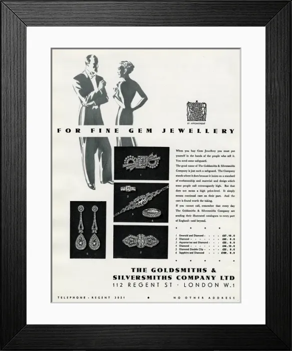 Framed Print : Advert for The Goldsmiths & Silversmiths Company 1937 Framed Print : Advert for The Goldsmiths & Silversmiths Company 1937