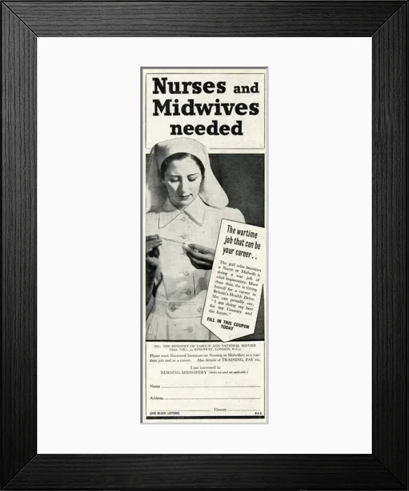 Framed Print : Advert for recruitment of nurses and midwives 1943 Framed Print : Advert for recruitment of nurses and midwives 1943