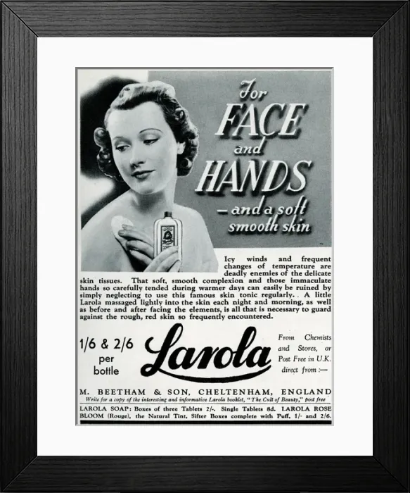 Framed Print : Advert for Beetham Larola skin care 1939 Framed Print : Advert for Beetham Larola skin care 1939