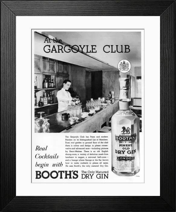 Framed Print : Booths Dry Gin advertisement at Gargoyle club Framed Print : Booths Dry Gin advertisement at Gargoyle club