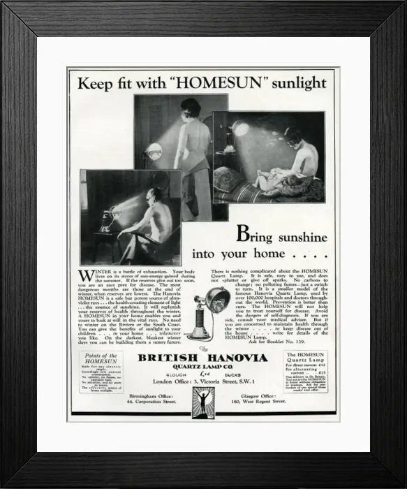 Framed Print : Advert for Hanovia sunlamp 1929 Framed Print : Advert for Hanovia sunlamp 1929