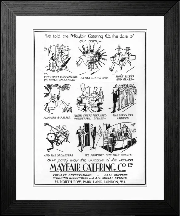 Framed Print : Mayfair Catering Company advertisement 1928 Framed Print : Mayfair Catering Company advertisement 1928