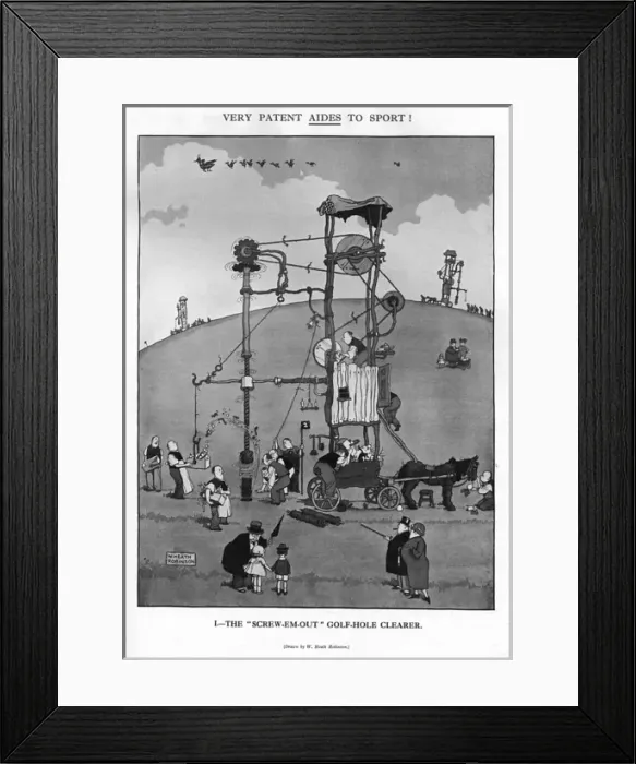 Framed Print : The Screw Em Out golf hole cleaner by Heath Robinson