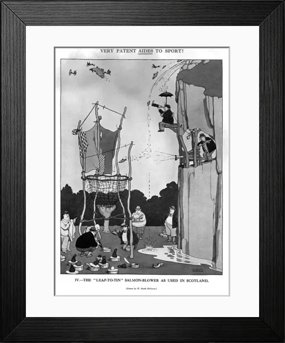 Framed Print : The Leap to Tin Salmon Blower by Heath Robinson Framed Print : The Leap to Tin Salmon Blower by Heath Robinson