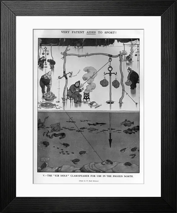 Framed Print : The Ice Hole Clam Spearer by Heath Robinson Framed Print : The Ice Hole Clam Spearer by Heath Robinson