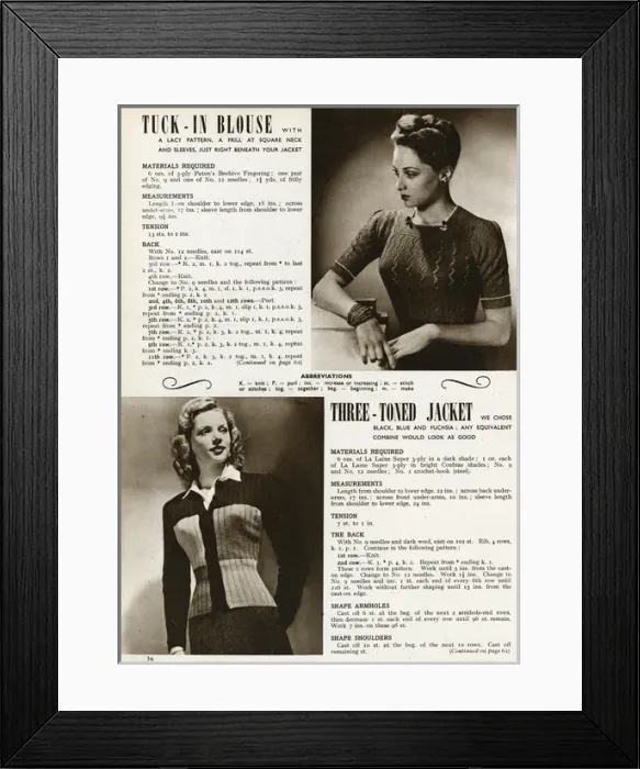 Framed Print : Knitting pattern 1944 Framed Print : Knitting pattern 1944