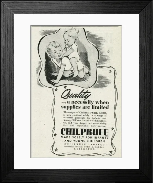 Framed Print : Advert for Chilprufe wool underwear for children 1943