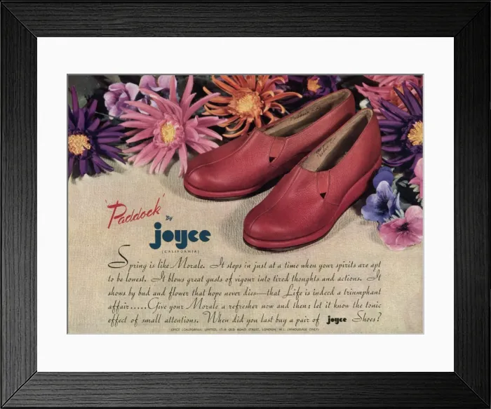 Framed Print : Advert for Paddock by Joyce California shoes 1945 Framed Print : Advert for Paddock by Joyce California shoes 1945