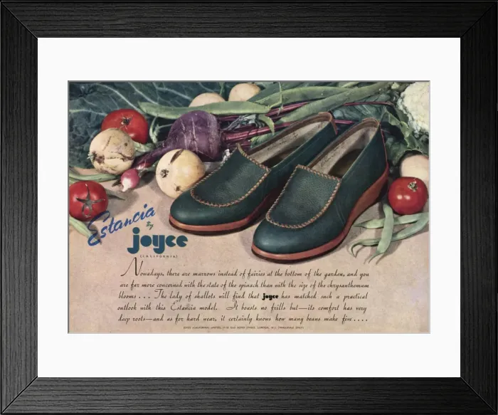 Framed Print : Advert for Estancia by Joyce California shoes 1943 Framed Print : Advert for Estancia by Joyce California shoes 1943