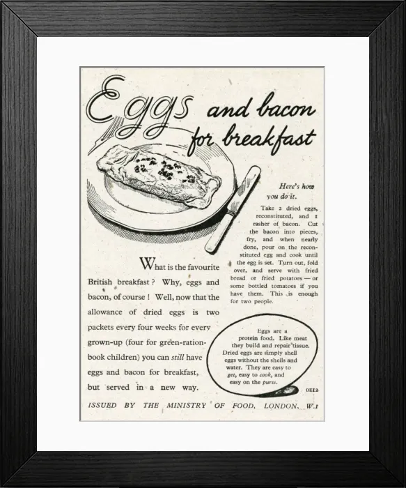 Framed Print : Dried eggs and bacon for breakfast 1945