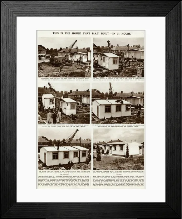 Framed Print : Building of a prefabricated houses in 3 hours 1945 Framed Print : Building of a prefabricated houses in 3 hours 1945