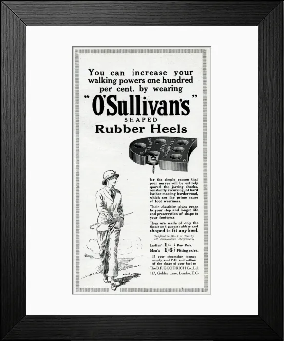 Framed Print : Advertisement for O Sullivans shaped rubber heels Framed Print : Advertisement for O Sullivans shaped rubber heels