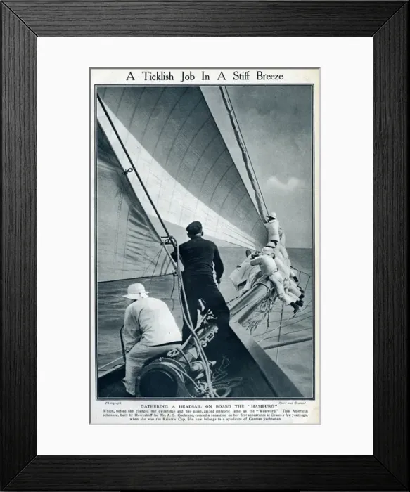 Framed Print : Gathering headsail on board Hamburg at Cowes, IOW