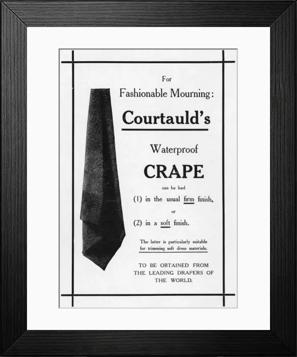 Framed Print : Courtaulds waterproof crape for mourning, 1915 Framed Print : Courtaulds waterproof crape for mourning, 1915
