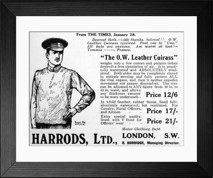 Framed Print : Harrods advertisement, Leather Cuirass, WWI Framed Print : Harrods advertisement, Leather Cuirass, WWI