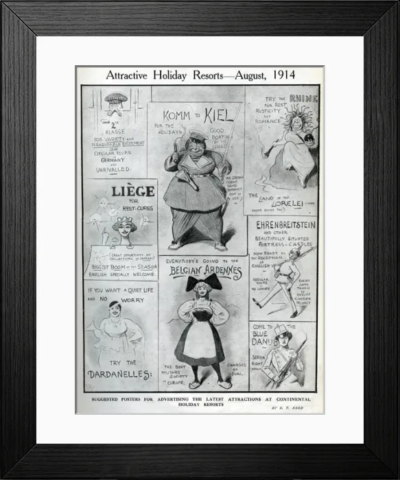 Framed Print : Cartoon, Attractive Holiday Resorts, August 1914, WW1 Framed Print : Cartoon, Attractive Holiday Resorts, August 1914, WW1