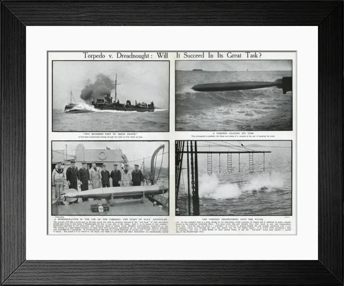 Framed Print : Torpedo boat, torpedo, and crew of HMS Adventure, WW1