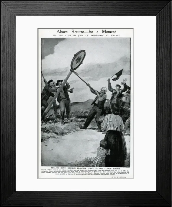 Framed Print : Pulling down German frontier pole at Alsace, WW1