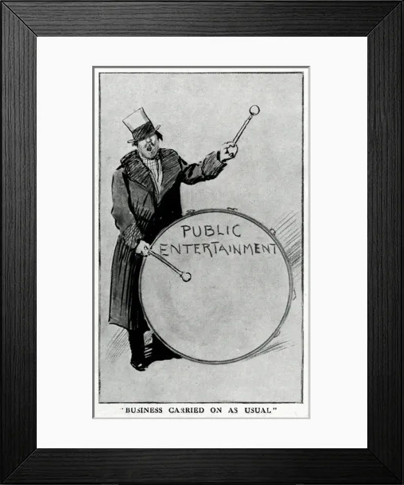 Framed Print : Man banging a drum to advertise public entertainment Framed Print : Man banging a drum to advertise public entertainment