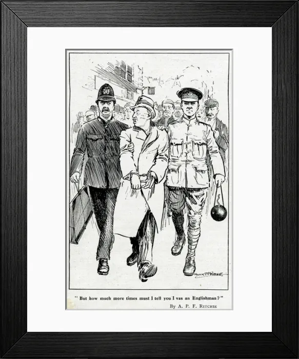 Framed Print : Cartoon, German arrested in the street, WW1 Framed Print : Cartoon, German arrested in the street, WW1