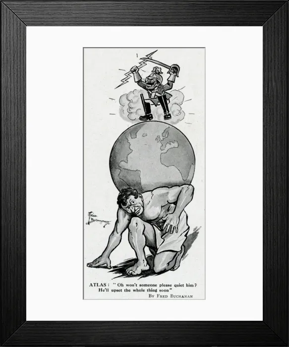 Framed Print : Cartoon, Atlas with Kaiser Wilhelm on a globe, WW1 Framed Print : Cartoon, Atlas with Kaiser Wilhelm on a globe, WW1