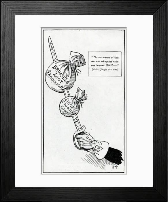 Framed Print : Cartoon, German sword with loot from Belgium, WW1