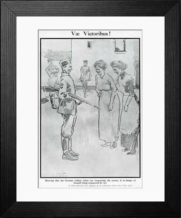 Framed Print : Cartoon, German soldier with two women, WW1 Framed Print : Cartoon, German soldier with two women, WW1