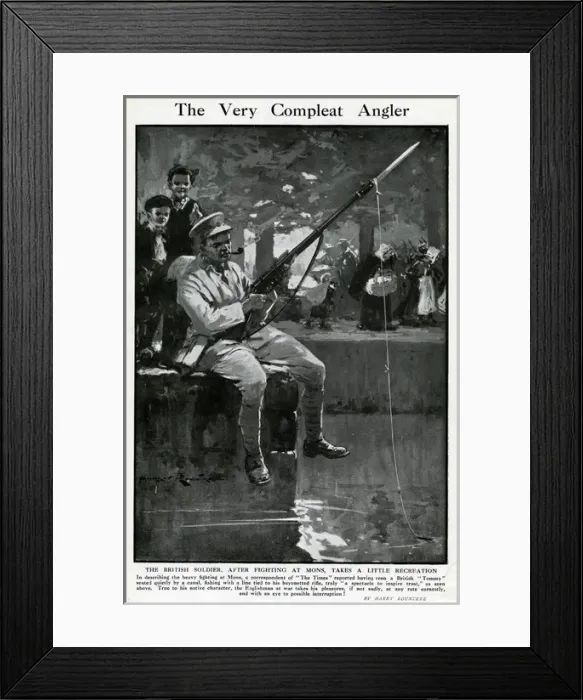 Framed Print : British soldier fishing with bayoneted rifle, WW1 Framed Print : British soldier fishing with bayoneted rifle, WW1