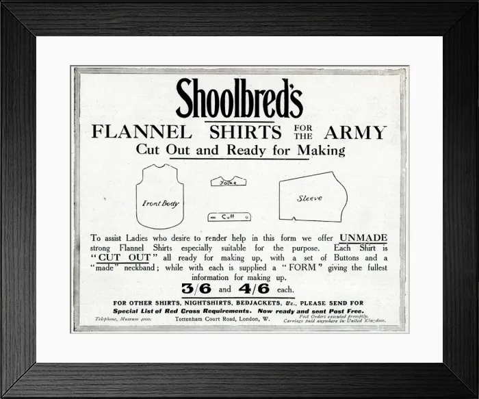 Framed Print : Advertisement for Shoolbreds flannel shirts, WW1 Framed Print : Advertisement for Shoolbreds flannel shirts, WW1