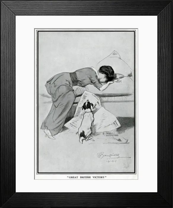 Framed Print : Woman reads the news of a great British victory, WW1 Framed Print : Woman reads the news of a great British victory, WW1