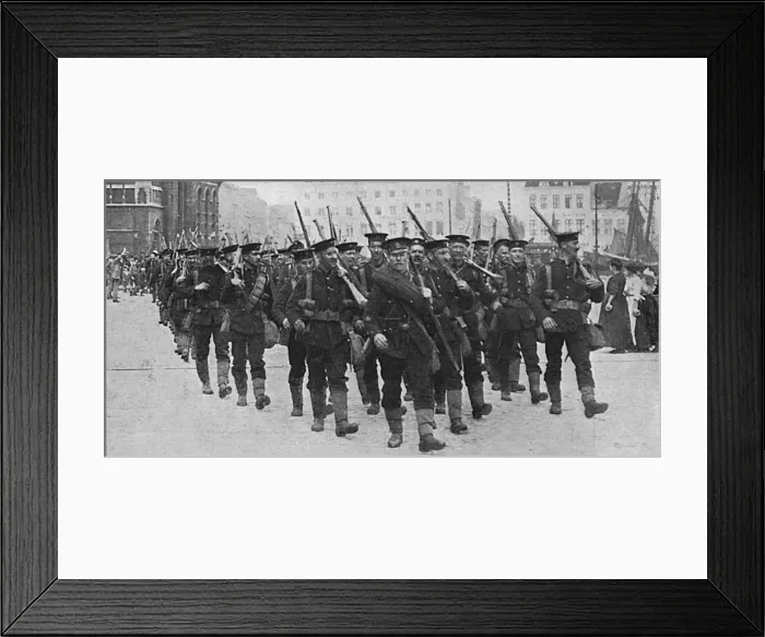 Framed Print : British Royal Marines arriving in Ostend, Belgium, WW1 Framed Print : British Royal Marines arriving in Ostend, Belgium, WW1