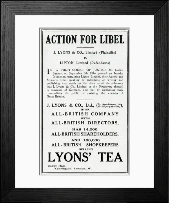 Framed Print : Action for Libel, Lyons v Lipton, WW1 Framed Print : Action for Libel, Lyons v Lipton, WW1