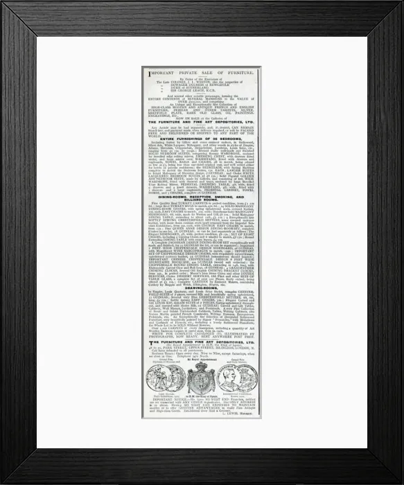 Framed Print : Advertisement, Furniture and Fine Art Depositories Framed Print : Advertisement, Furniture and Fine Art Depositories