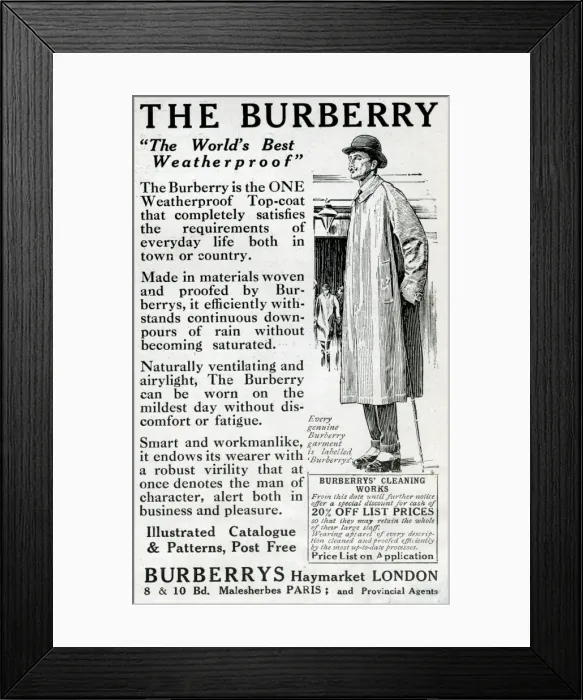 Framed Print : Advert for Burberry weatherproof top coat 1914 Framed Print : Advert for Burberry weatherproof top coat 1914