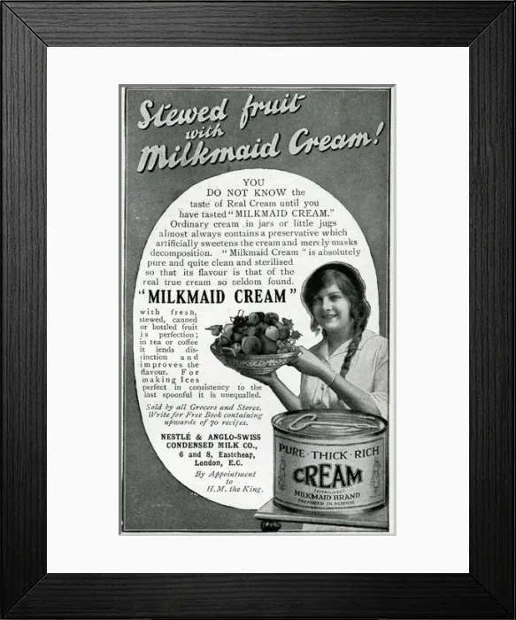 Framed Print : Advert for tinned Milkmaid Cream 1914 Framed Print : Advert for tinned Milkmaid Cream 1914
