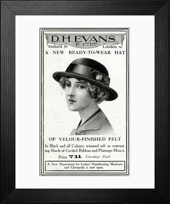 Framed Print : Advert for D. H Evans ready-to-wear felt hat 1914