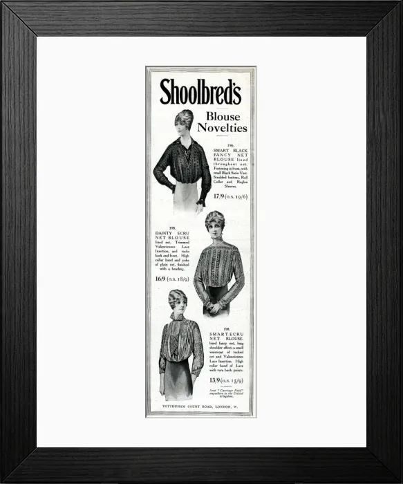 Framed Print : Advert for Shoolbreds blouses 1914