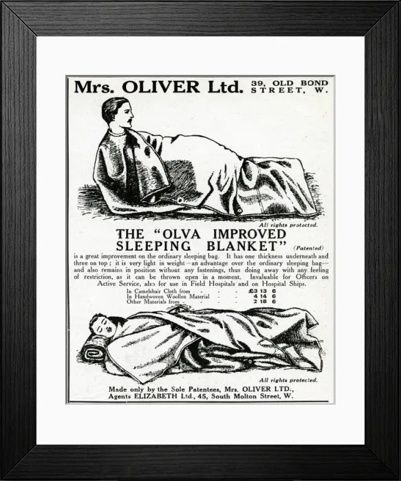 Framed Print : Advert for the Olva sleeping blanket, WW1